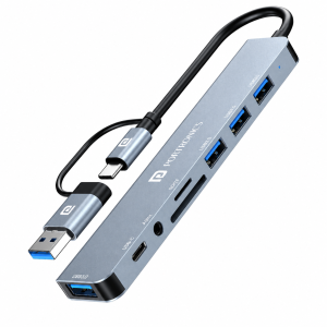 Portronics Mport 8 Plus 8-in-1 USB-C & USB Docking Station Hub with HDMI, USB 3.0, SD/microSD Card Reader, AUX, Type-C Data for Laptop, MacBook & PC - (Grey)