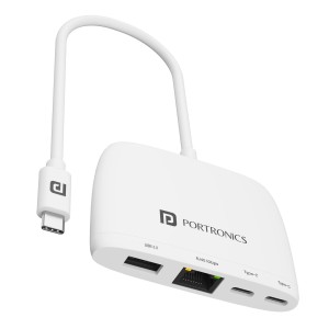Portronics Mport 41 USB-C Hub 4-in-1 with Gigabit Ethernet, USB 3.0, Dual Type-C Data Ports & RJ45 LAN Adapter for Laptop, MacBook, PC & Desktop - (White)