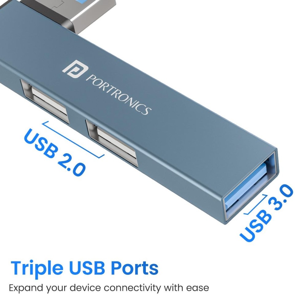 Portronics Mport Mino A USB 3.0 Hub Dock 3-in-1 with USB 3.0 SuperSpeed, 2 USB 2.0 Ports, Compact L-Shape Metal Alloy USB Hub for Laptop, PC & Mac - (Grey)