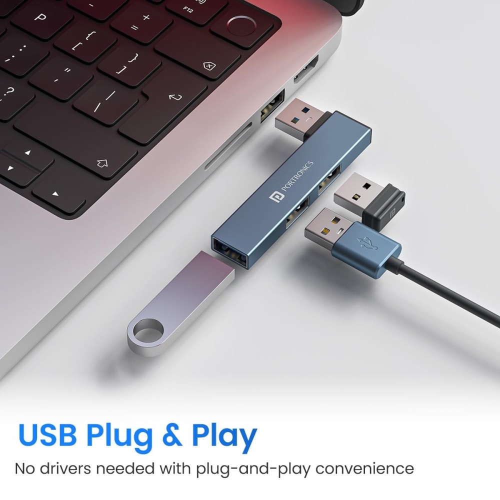 Portronics Mport Mino A USB 3.0 Hub Dock 3-in-1 with USB 3.0 SuperSpeed, 2 USB 2.0 Ports, Compact L-Shape Metal Alloy USB Hub for Laptop, PC & Mac - (Grey)