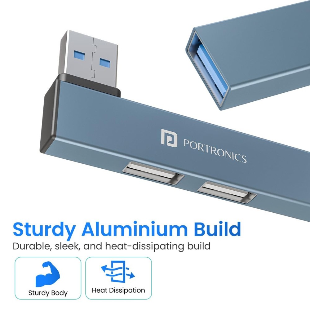 Portronics Mport Mino A USB 3.0 Hub Dock 3-in-1 with USB 3.0 SuperSpeed, 2 USB 2.0 Ports, Compact L-Shape Metal Alloy USB Hub for Laptop, PC & Mac - (Grey)