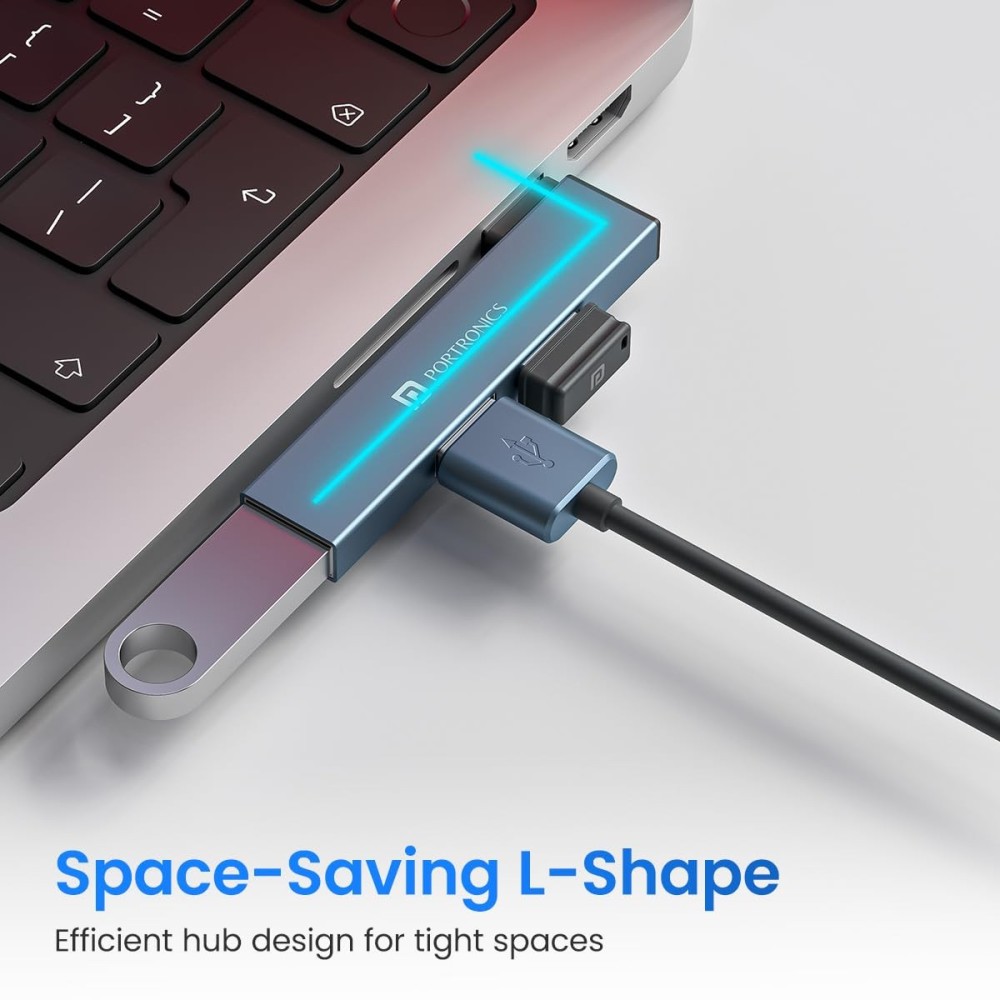 Portronics Mport Mino A USB 3.0 Hub Dock 3-in-1 with USB 3.0 SuperSpeed, 2 USB 2.0 Ports, Compact L-Shape Metal Alloy USB Hub for Laptop, PC & Mac - (Grey)
