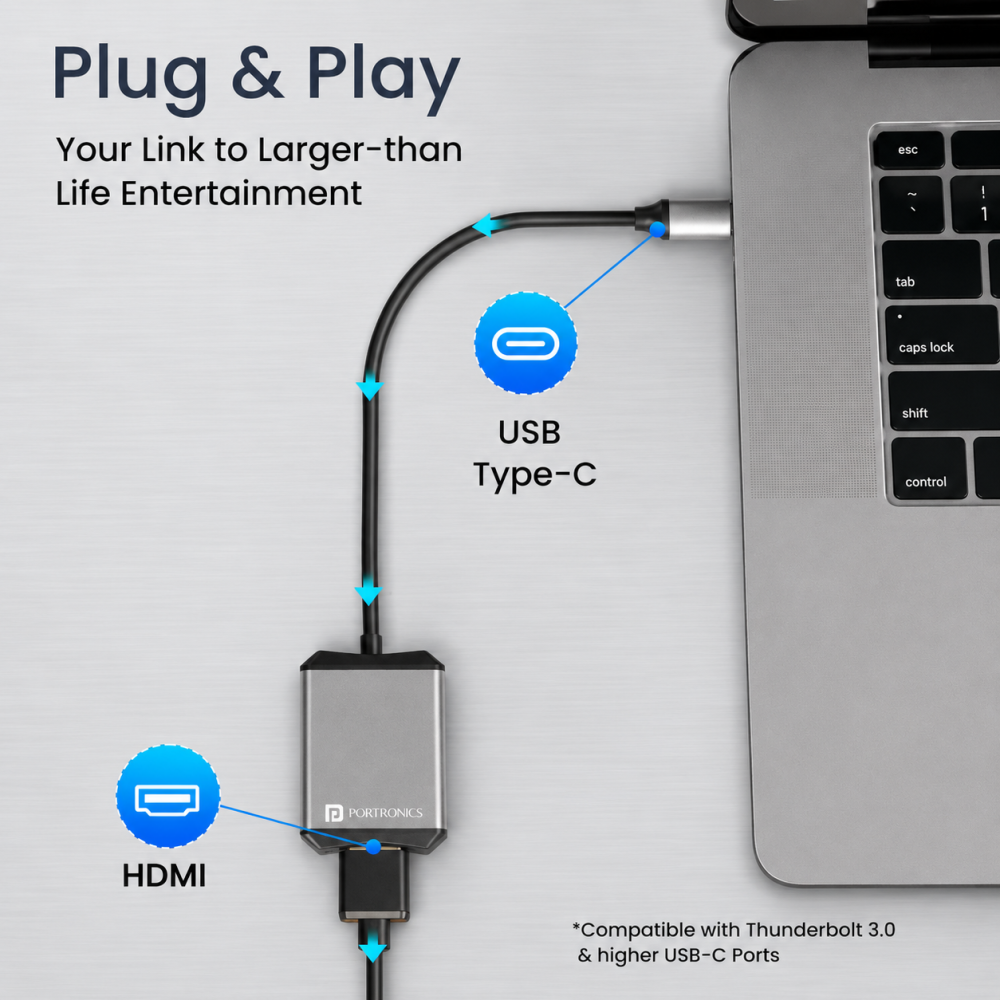 Portronics Mport X USB-C to HDMI Adapter, 4K 60Hz UHD Display, Compatible with Laptop, MacBook & Smartphone - (Grey)