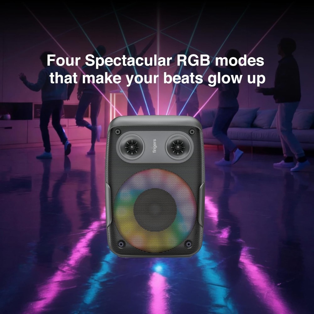 FINGERS HootBeats7 Compact Portable Bluetooth Speaker with RGB Lights, Karaoke Mic Input, FM Radio, USB, AUX & MicroSD, Multi-Point Pairing, Up to 7 Hours Playtime – (Midnight Black)