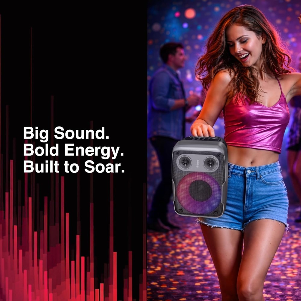FINGERS HootBeats7 Compact Portable Bluetooth Speaker with RGB Lights, Karaoke Mic Input, FM Radio, USB, AUX & MicroSD, Multi-Point Pairing, Up to 7 Hours Playtime – (Midnight Black)