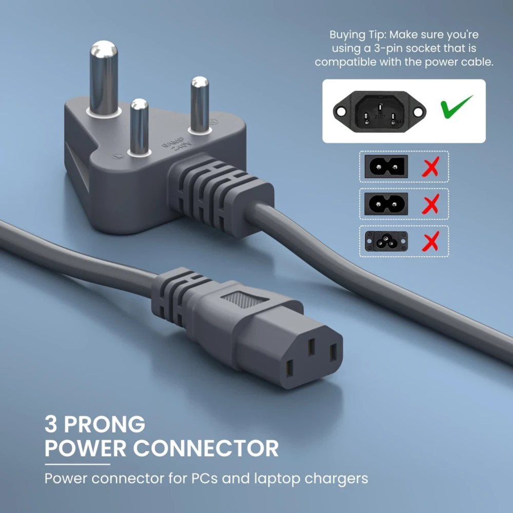 Portronics Power Cord 1.5 m Konnect G1 Desktop Power Cable (Compatible with Desktop, PC, Grey, One Cable, NA)