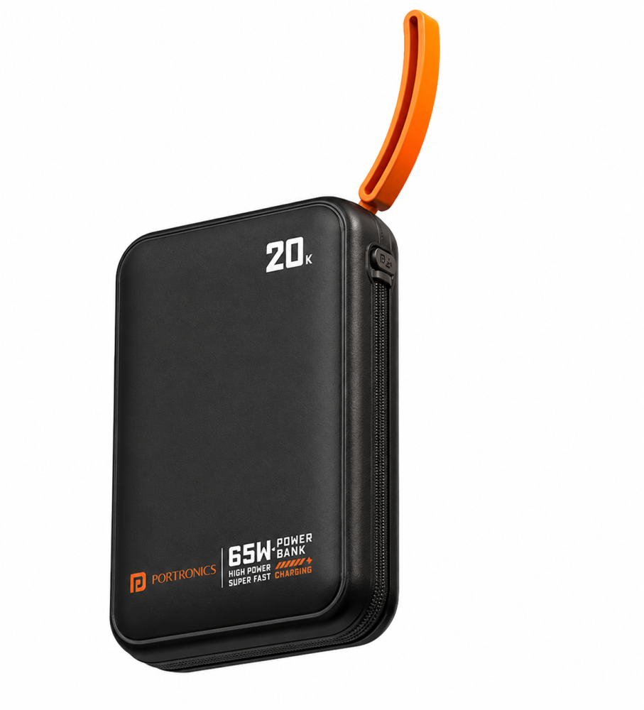 Portronics Aero 65 20000mAh power bank featuring a distinctive orange lanyard.