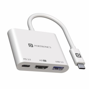 Portronics C-Konnect 3-in-1 USB Type-C to HDMI Adapter, 4K@30Hz HDMI, USB 3.0 5Gbps, 100W PD Fast Charging Multiport USB-C Hub for Laptop, MacBook, PC & Type-C Devices - (White)