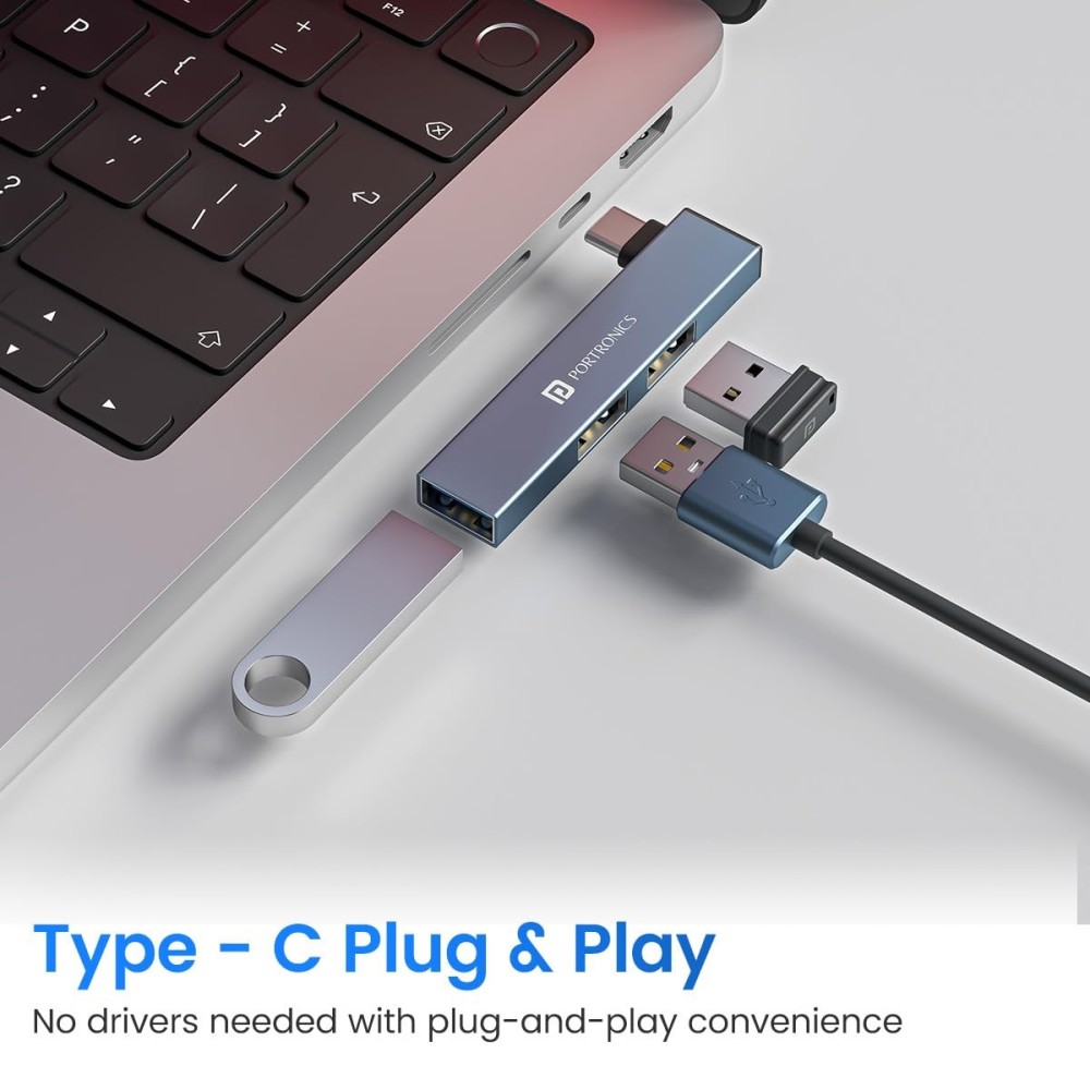 Portronics Mport Mino C USB C Hub, 3 Port USB 2.0 Docking Station with Aluminium Alloy Body for Laptop, MacBook & PC - (Grey)