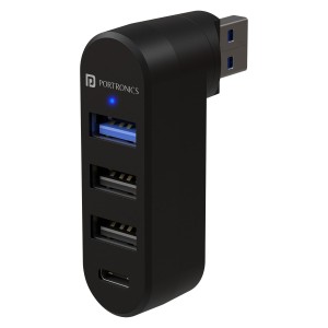 Portronics MPort Spin 4-in-1 USB Hub with Type-C Connector, USB 3.0 SuperSpeed & 2 USB 2.0 Ports, Rotating USB Plug Docking Station for Laptop, PC - (Black)
