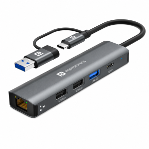 Portronics Mport Edge 5-in-1 USB Hub Dock with USB 3.0, USB 2.0, Type-C Charging Port & 100Mbps Ethernet Adapter for Laptop, PC, Desktop - (Grey)