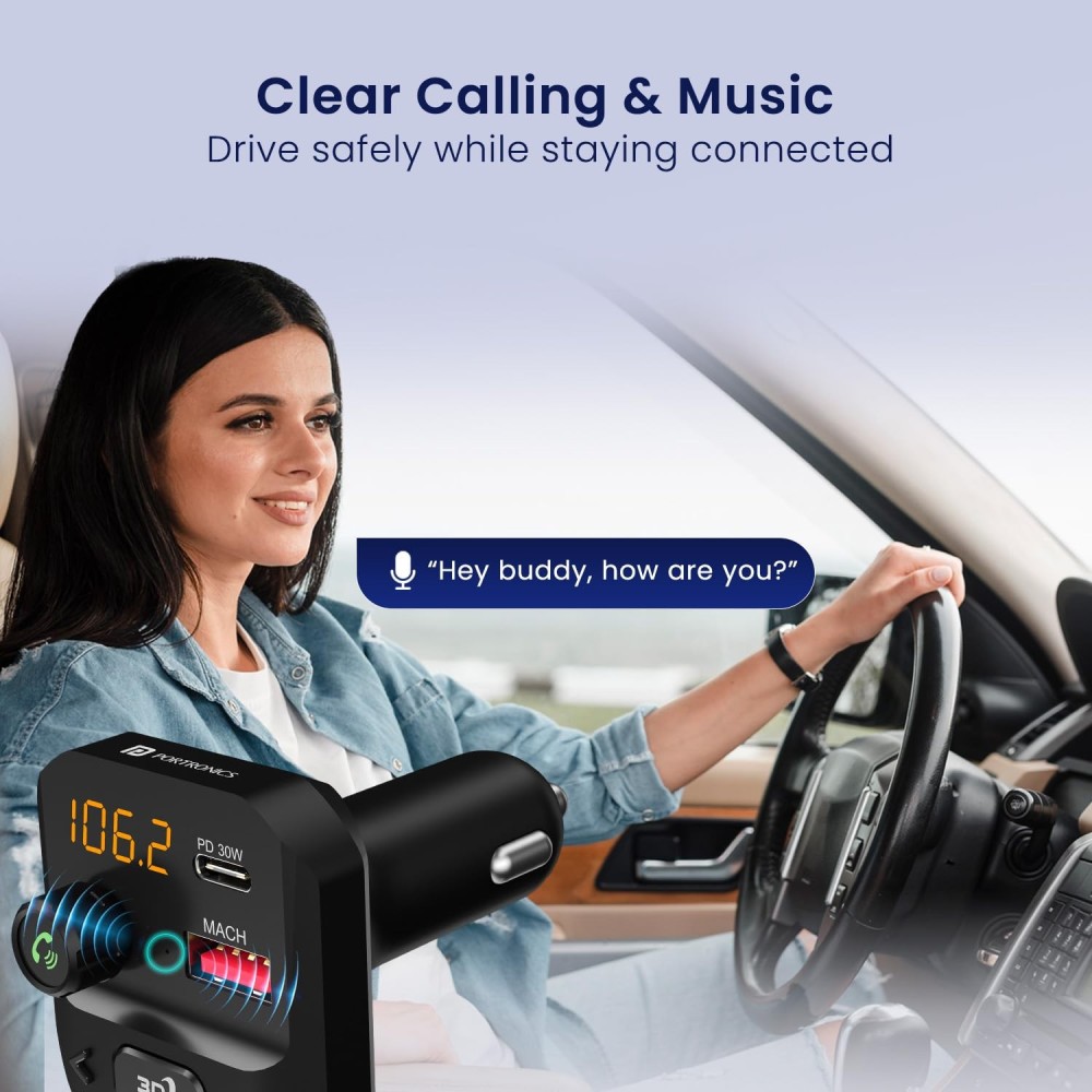 Portronics Auto 10 Plus Car Bluetooth Receiver with FM Transmitter, Hands-Free Calling, 3D Surround Sound, 30W USB-C PD & 18W USB Fast Charging for Wireless Car Stereo Audio - (Black)