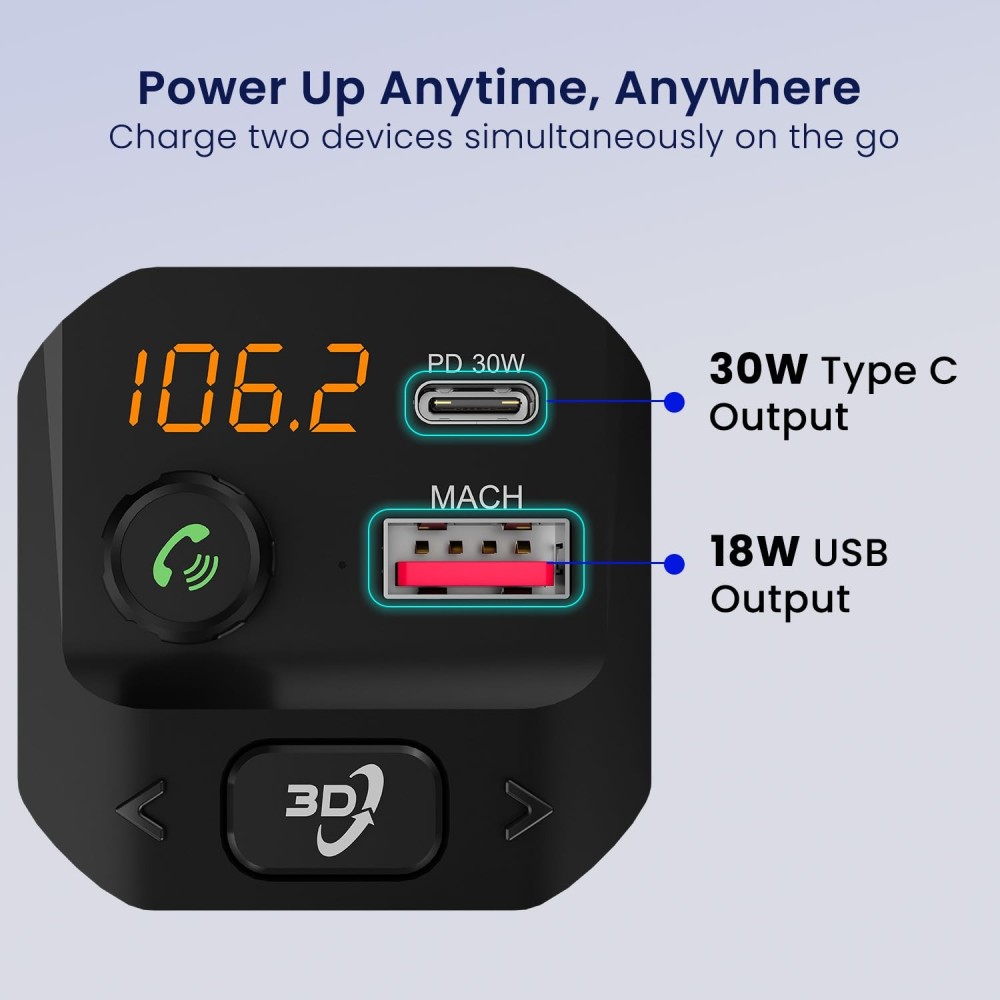 Portronics Auto 10 Plus Car Bluetooth Receiver with FM Transmitter, Hands-Free Calling, 3D Surround Sound, 30W USB-C PD & 18W USB Fast Charging for Wireless Car Stereo Audio - (Black)