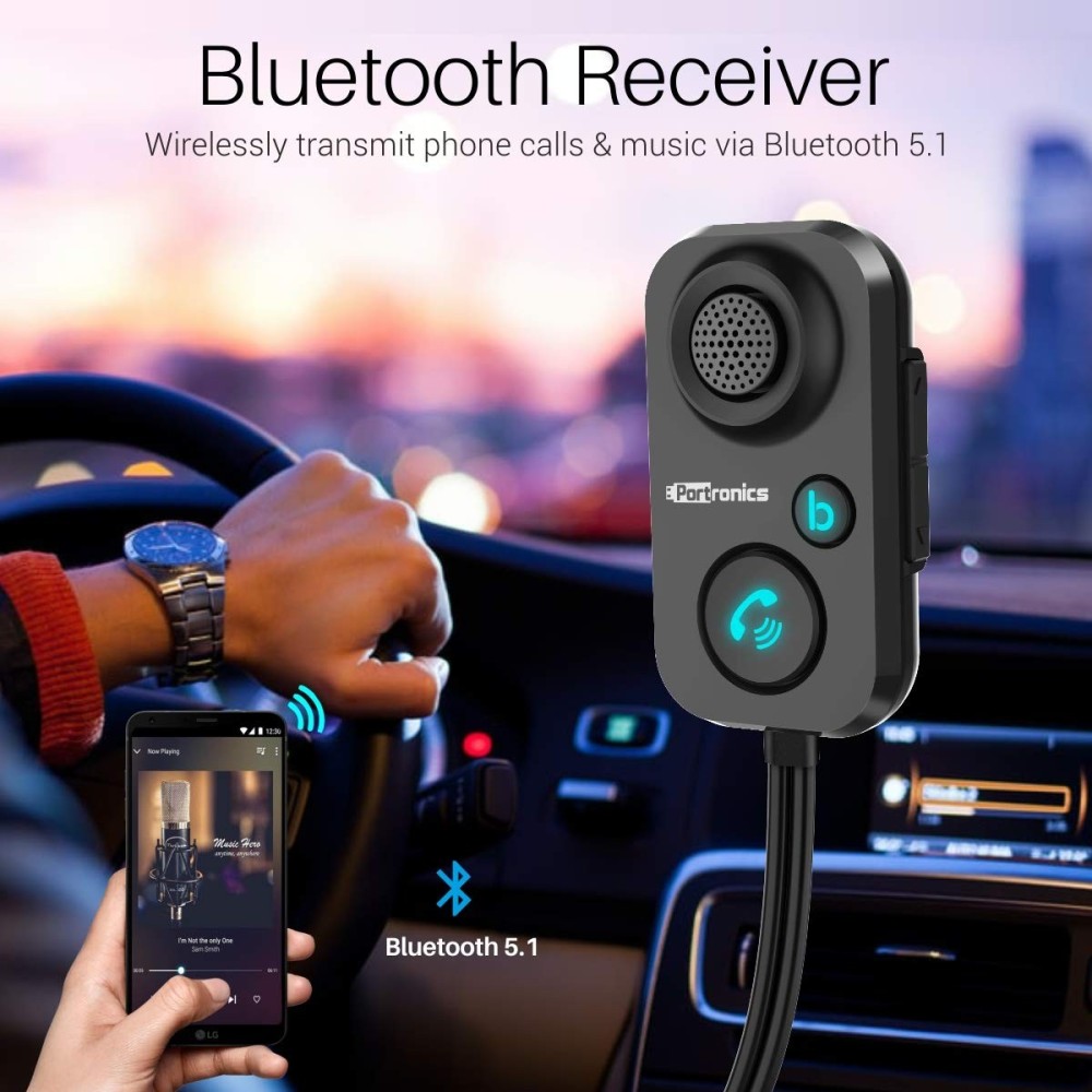 Portronics AUTO 12 In-Car Bluetooth Receiver for Handsfree Calling & Wireless Music Streaming, Universal Smartphone Compatibility - (Black)