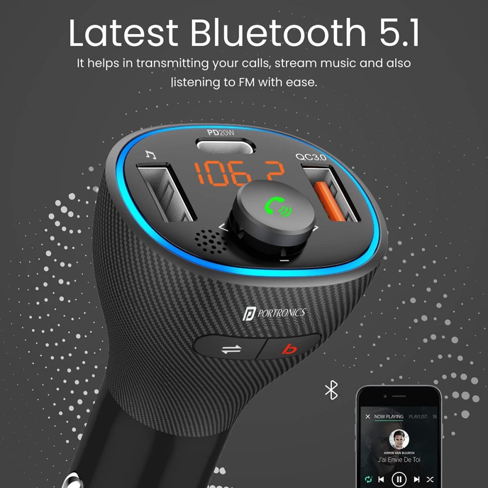Portronics Auto 15 Bluetooth FM Transmitter Car Charger with Hands-Free Calling, Music Streaming, USB Playback, 38W Fast Charging & In-Car Radio Adapter for All Smartphones - (Black)