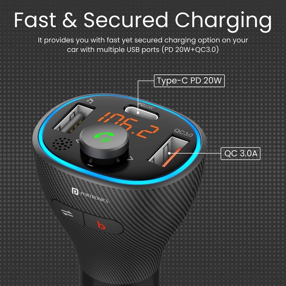 Portronics Auto 15 Bluetooth FM Transmitter Car Charger with Hands-Free Calling, Music Streaming, USB Playback, 38W Fast Charging & In-Car Radio Adapter for All Smartphones - (Black)