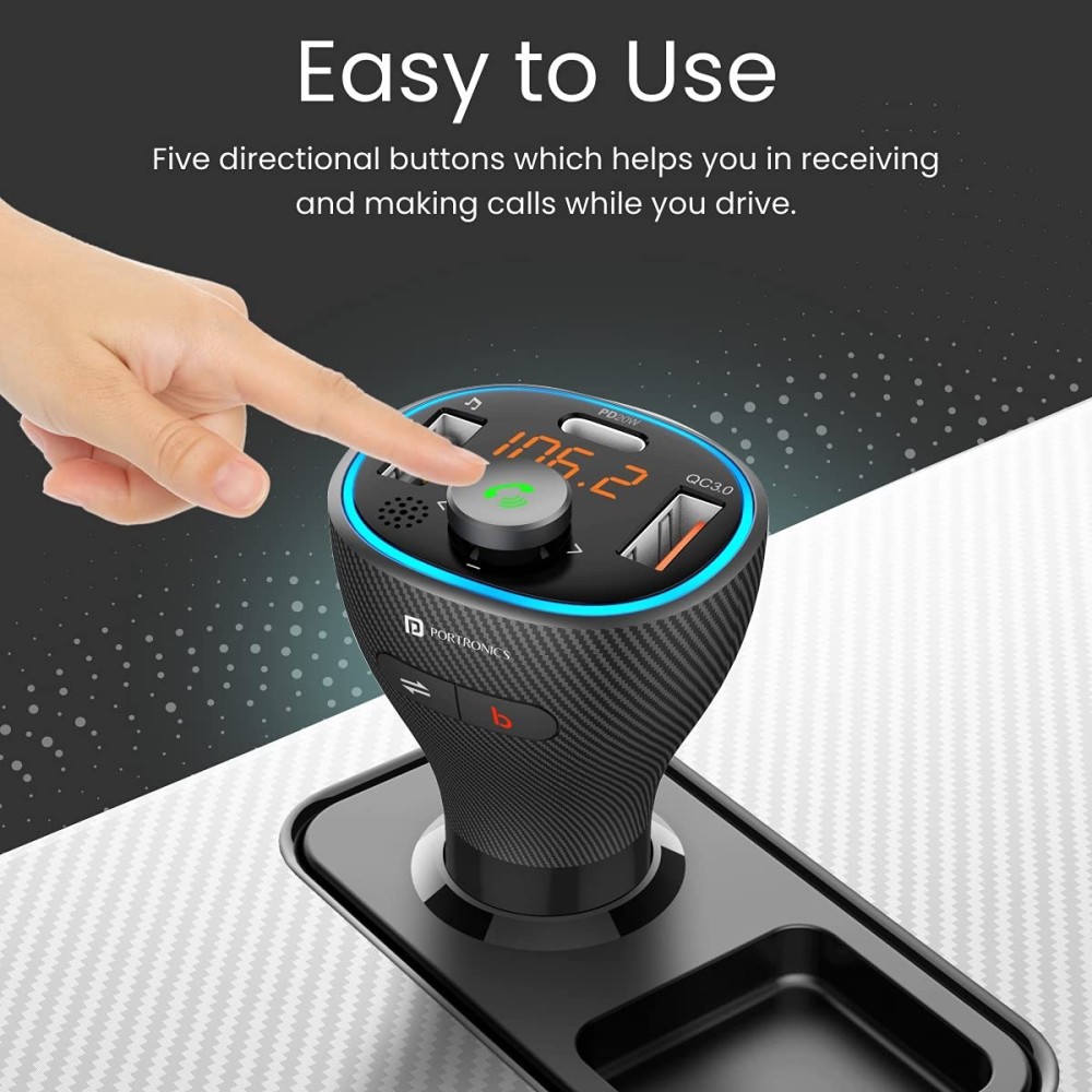 Portronics Auto 15 Bluetooth FM Transmitter Car Charger with Hands-Free Calling, Music Streaming, USB Playback, 38W Fast Charging & In-Car Radio Adapter for All Smartphones - (Black)