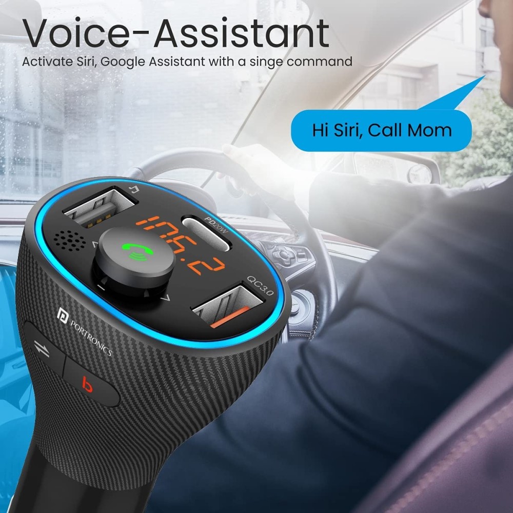 Portronics Auto 15 Bluetooth FM Transmitter Car Charger with Hands-Free Calling, Music Streaming, USB Playback, 38W Fast Charging & In-Car Radio Adapter for All Smartphones - (Black)