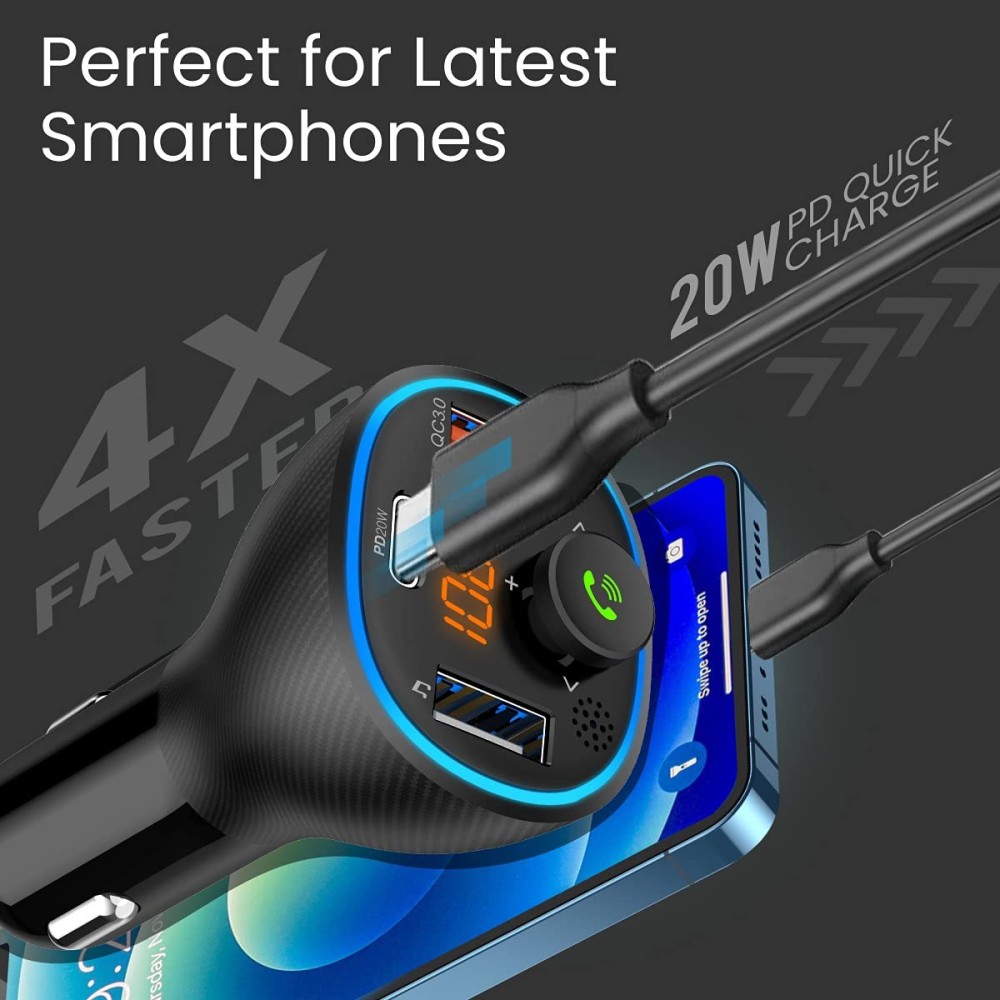 Portronics Auto 15 Bluetooth FM Transmitter Car Charger with Hands-Free Calling, Music Streaming, USB Playback, 38W Fast Charging & In-Car Radio Adapter for All Smartphones - (Black)