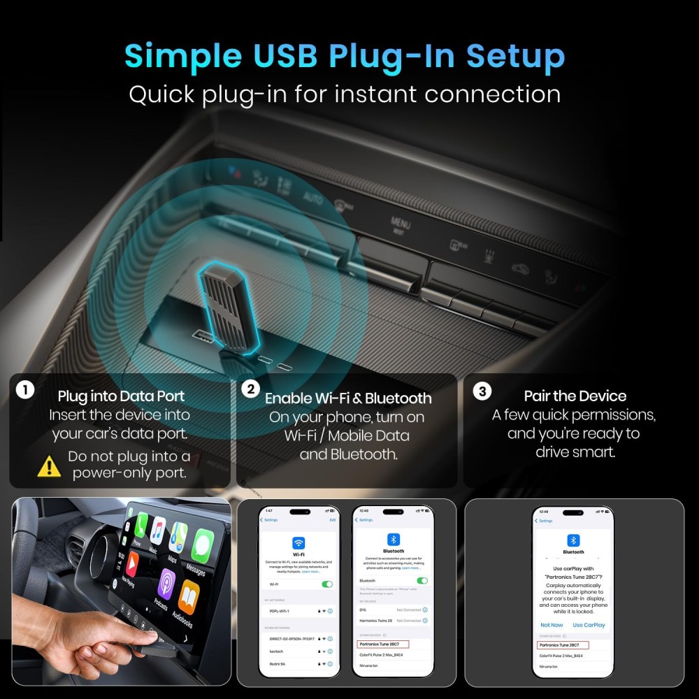 Portronics Tune 2-in-1 Wireless Car Receiver for Android Auto & Apple CarPlay, Bluetooth Adapter for Wired CarPlay to Wireless, OEM Car Compatibility - (Grey)