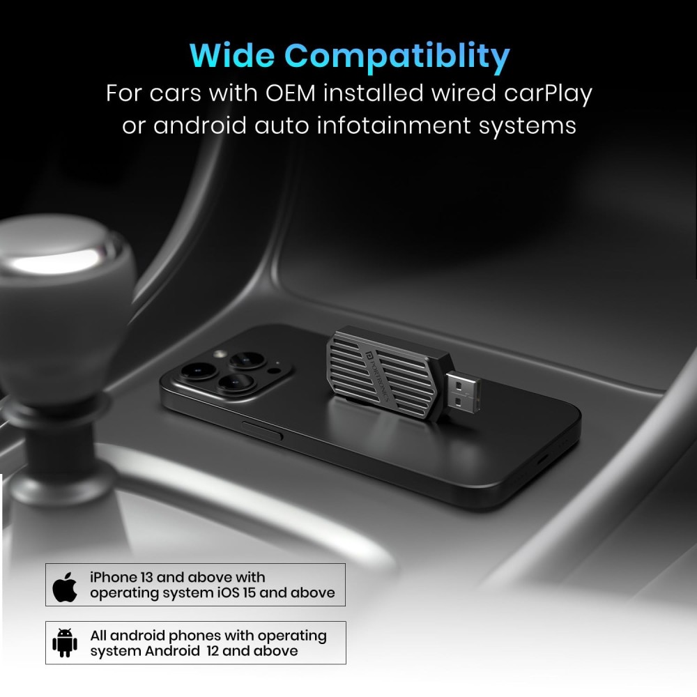 Portronics Tune 2-in-1 Wireless Car Receiver for Android Auto & Apple CarPlay, Bluetooth Adapter for Wired CarPlay to Wireless, OEM Car Compatibility - (Grey)
