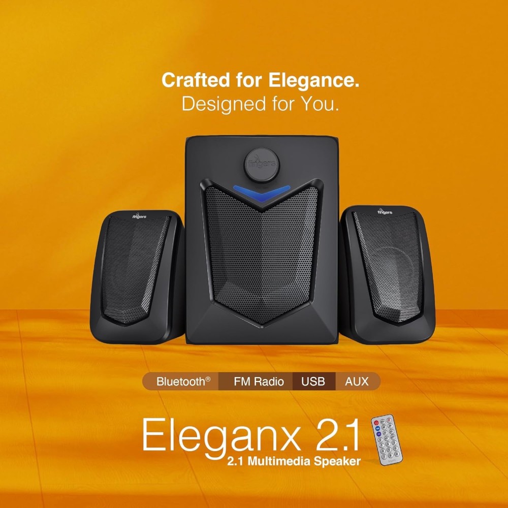 FINGERS Eleganx 2.1 Multimedia Speaker System with Wood-Encased Subwoofer, 15W Powerful Bass, Bluetooth, AUX, FM Radio, USB & Remote Control – (Classic Black)