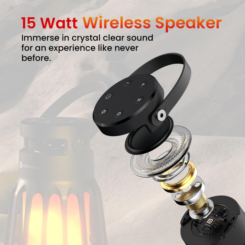 Portronics Dash 6 15W Bluetooth Speaker with Built-in White Noise Machine & Flame LED Night Lamp, TWS Mode, Bluetooth 5.3, Up to 6 Hours Playback, Water Resistant Camping Lantern – (Black)