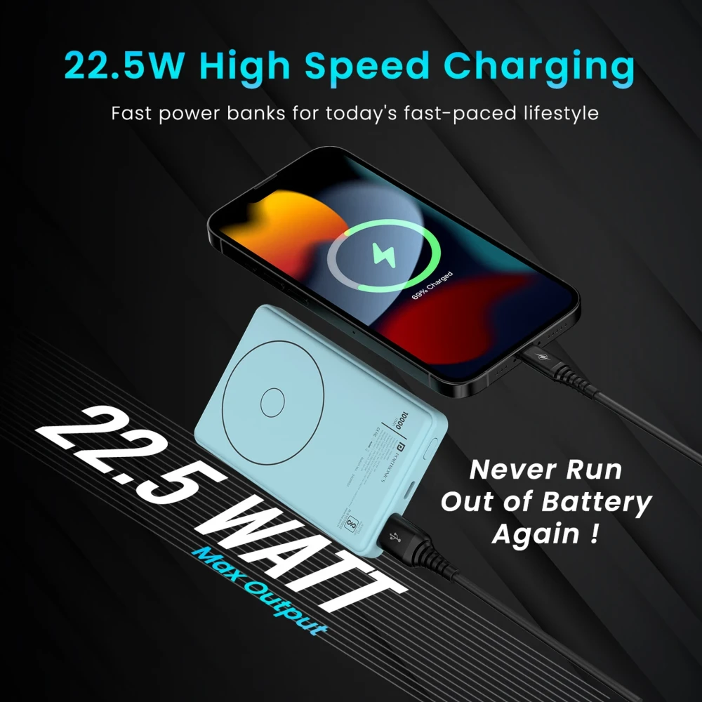 Portronics Luxcell Wireless Mini 10k 10000mAh 15W Magnetic Wireless Fast Charging Nano Power Bank with 22.5 Wired Output Compatible with iPhone 12 & Above & Other QI Enabled Devices(Blue)