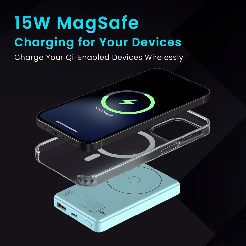 Portronics Luxcell Wireless Mini 10k 10000mAh 15W Magnetic Wireless Fast Charging Nano Power Bank with 22.5 Wired Output Compatible with iPhone 12 & Above & Other QI Enabled Devices(Blue)