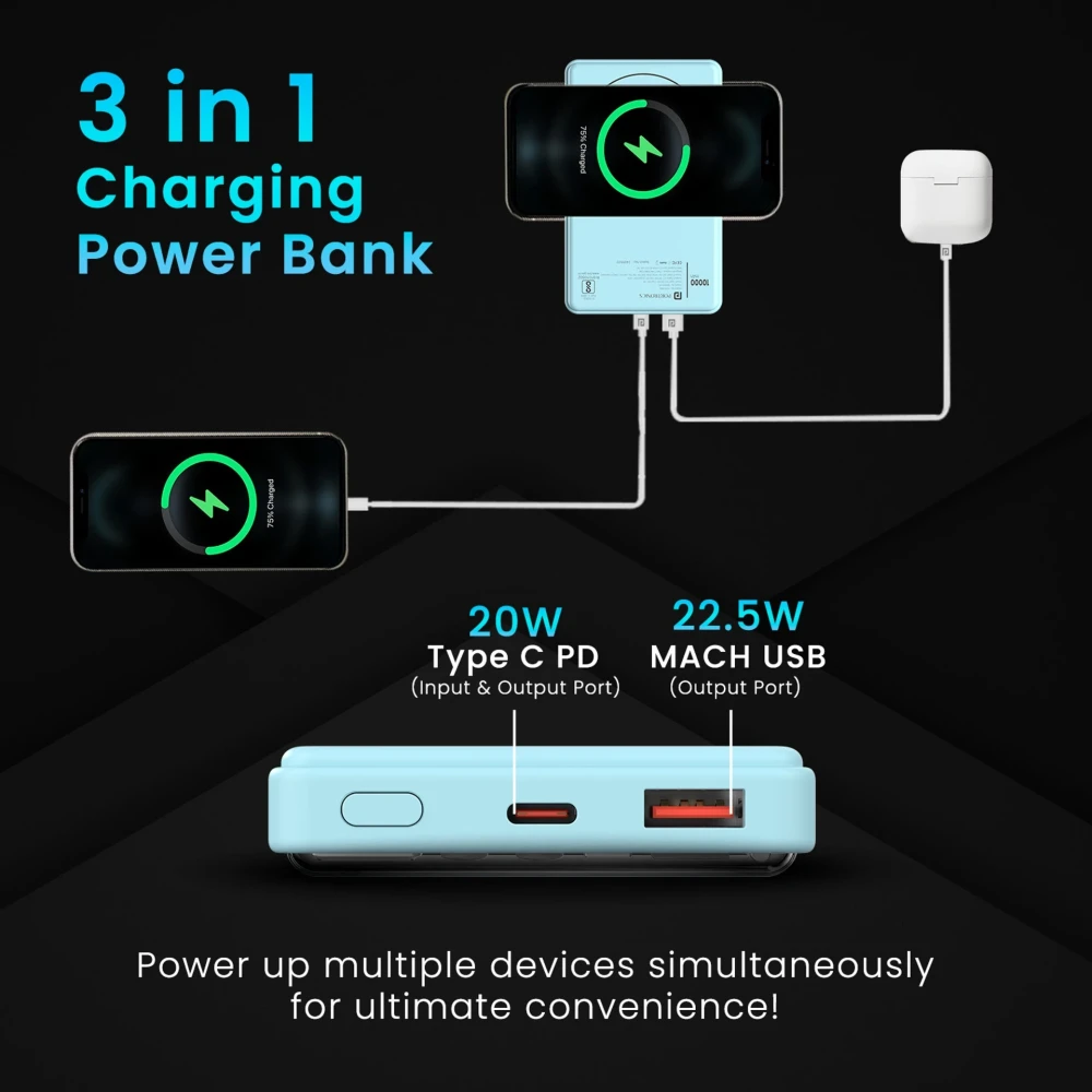 Portronics Luxcell Wireless Mini 10k 10000mAh 15W Magnetic Wireless Fast Charging Nano Power Bank with 22.5 Wired Output Compatible with iPhone 12 & Above & Other QI Enabled Devices(Blue)