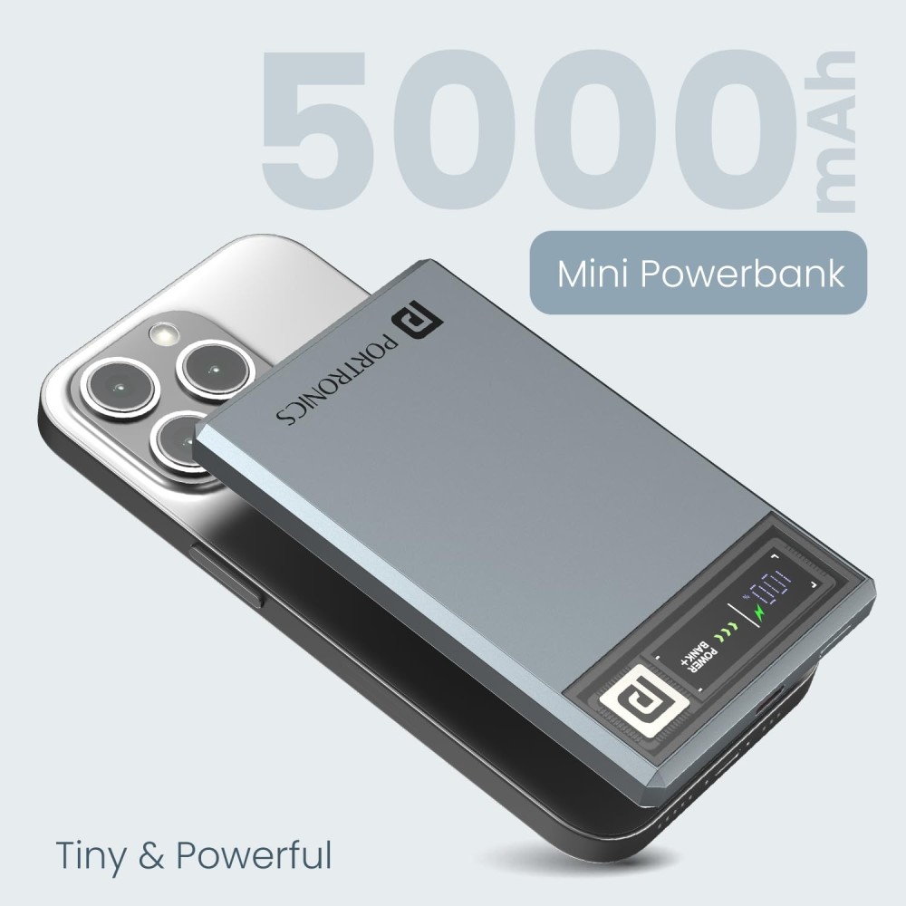 Portronics Magclick 5k 5000mAh Slim Magnetic Fast Charging Wireless Powerbank with 20W Wired Output, 15W Wireless Output, Best for iPhone 12 & Above, Android & Other Qi Enabled Devices + Magnetic Ring