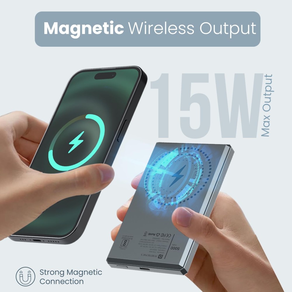 Portronics Magclick 5k 5000mAh Slim Magnetic Fast Charging Wireless Powerbank with 20W Wired Output, 15W Wireless Output, Best for iPhone 12 & Above, Android & Other Qi Enabled Devices + Magnetic Ring