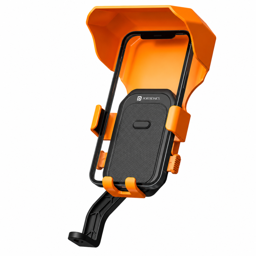 Portronics Mobike 5 Plus Mirror Mount Mobile Holder with Sunshade, Rain Protection, 360° Rotation & One-Press Lock for 5.4–6.7 Inch Smartphones
