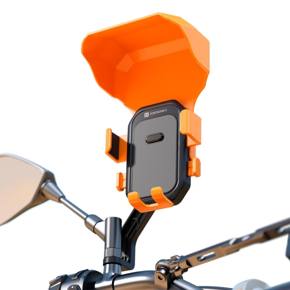 Portronics Mobike 5 Plus Mirror Mount Mobile Holder with Sunshade, Rain Protection, 360° Rotation & One-Press Lock for 5.4–6.7 Inch Smartphones
