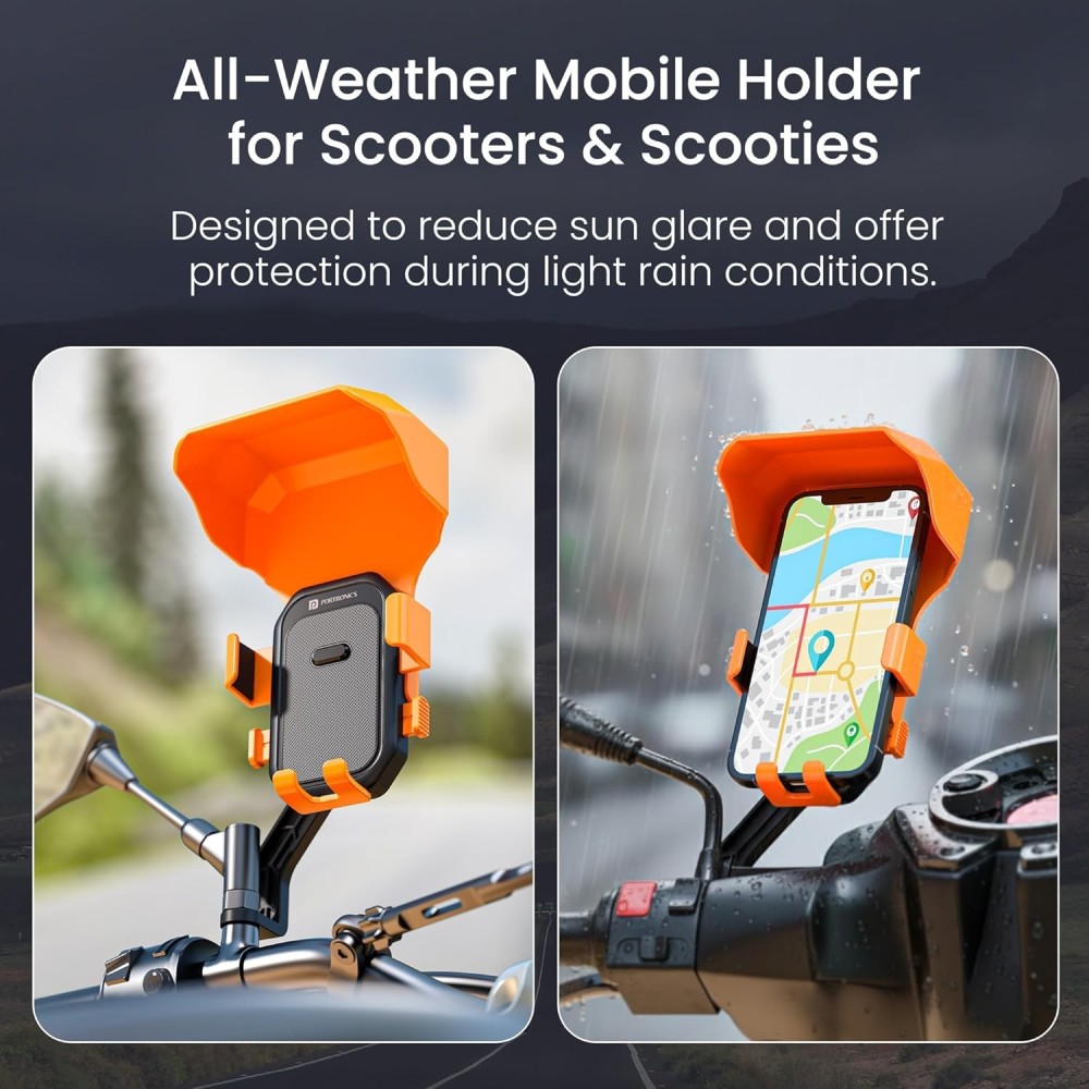Portronics Mobike 5 Plus Mirror Mount Mobile Holder with Sunshade, Rain Protection, 360° Rotation & One-Press Lock for 5.4–6.7 Inch Smartphones