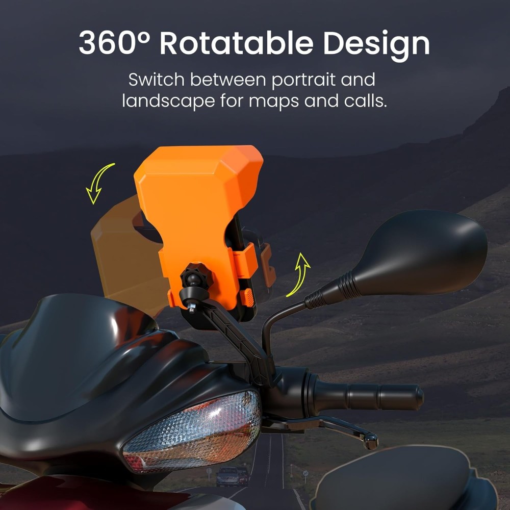 Portronics Mobike 5 Plus Mirror Mount Mobile Holder with Sunshade, Rain Protection, 360° Rotation & One-Press Lock for 5.4–6.7 Inch Smartphones