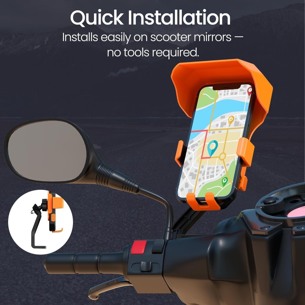 Portronics Mobike 5 Plus Mirror Mount Mobile Holder with Sunshade, Rain Protection, 360° Rotation & One-Press Lock for 5.4–6.7 Inch Smartphones