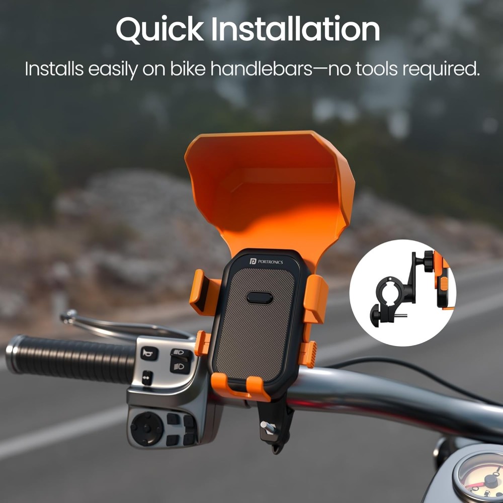 Portronics Mobike 4 Plus Handlebar Mobile Holder with Sunshade & Rain Protection, 360° Rotatable Bike & Motorcycle Phone Mount for 5.4–6.7 Inch Smartphones