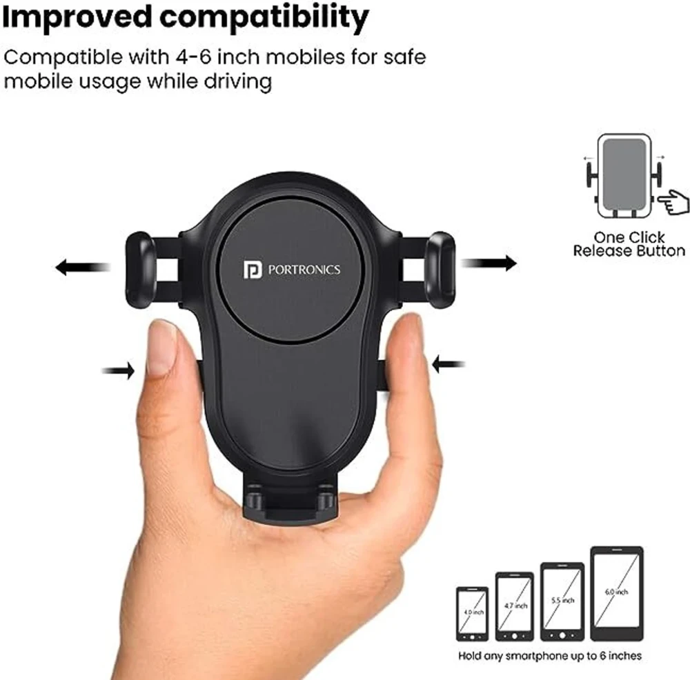 Portronics Clamp Y Car Air Vent Mobile Holder for Smartphones, Secure AC Vent Mount, Adjustable Phone Holder - (Black)