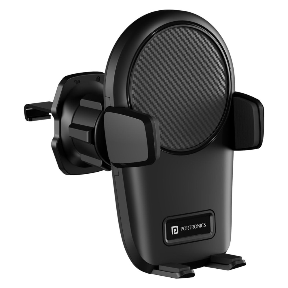 Portronics Clamp Z Car Phone Holder Stand with 360° Rotation, AC Vent Mount, Strong Grip, Single-Hand Operation, Shockproof Mobile Holder for All Smartphones – (Black)