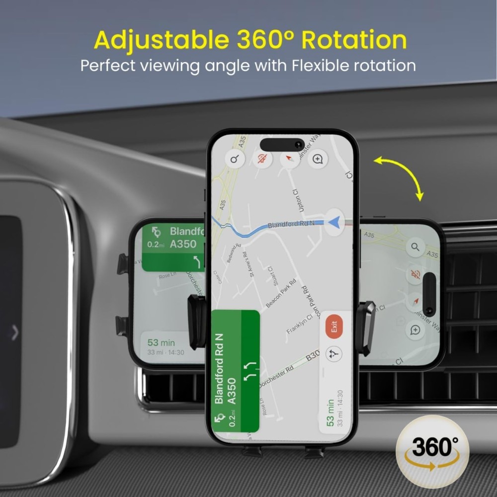Portronics Clamp Z Car Phone Holder Stand with 360° Rotation, AC Vent Mount, Strong Grip, Single-Hand Operation, Shockproof Mobile Holder for All Smartphones – (Black)