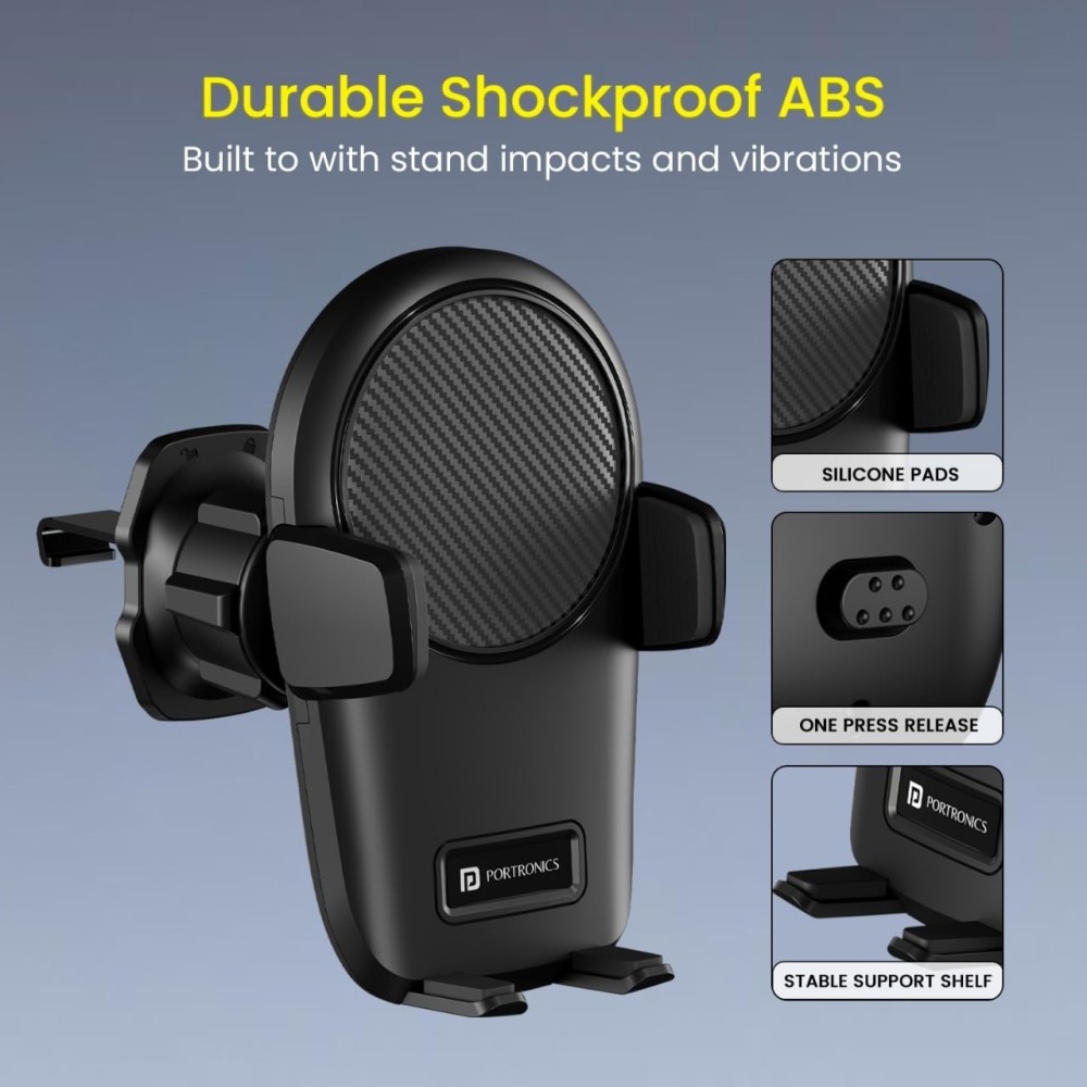Portronics Clamp Z Car Phone Holder Stand with 360° Rotation, AC Vent Mount, Strong Grip, Single-Hand Operation, Shockproof Mobile Holder for All Smartphones – (Black)