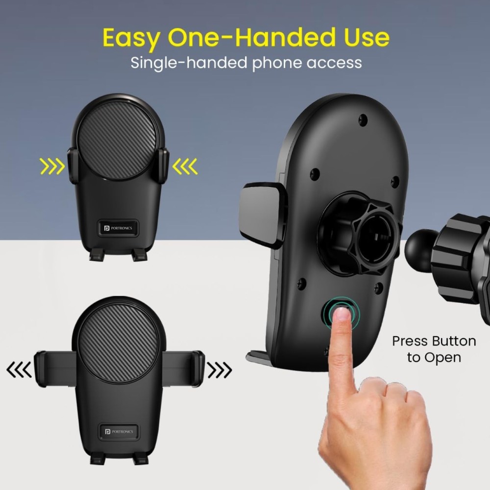 Portronics Clamp Z Car Phone Holder Stand with 360° Rotation, AC Vent Mount, Strong Grip, Single-Hand Operation, Shockproof Mobile Holder for All Smartphones – (Black)