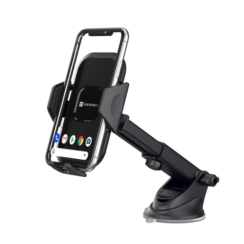 Portronics Clamp M Car Mobile Holder with 360° Rotation, Strong Suction Cup, One-Touch Release, Dashboard Windshield Phone Mount for 4-6 Inch Smartphones - (Black)