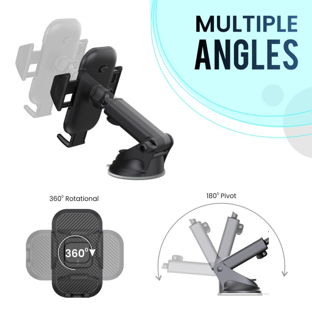 Portronics Clamp M Car Mobile Holder with 360° Rotation, Strong Suction Cup, One-Touch Release, Dashboard Windshield Phone Mount for 4-6 Inch Smartphones - (Black)