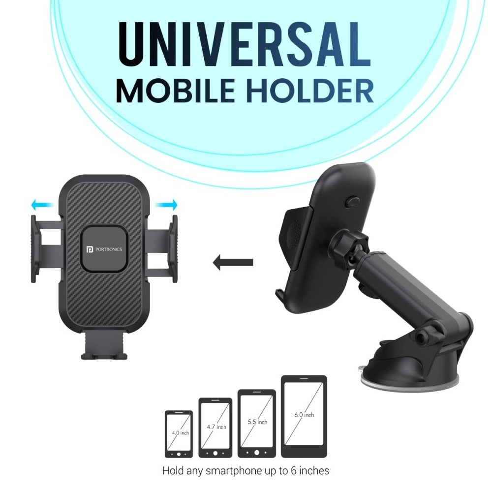Portronics Clamp M Car Mobile Holder with 360° Rotation, Strong Suction Cup, One-Touch Release, Dashboard Windshield Phone Mount for 4-6 Inch Smartphones - (Black)