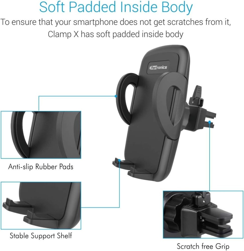 Portronics Clamp X Car Vent Mobile Holder with Adjustable Side Arms for Smartphones, Secure Air Vent Phone Mount - (Z-Black)