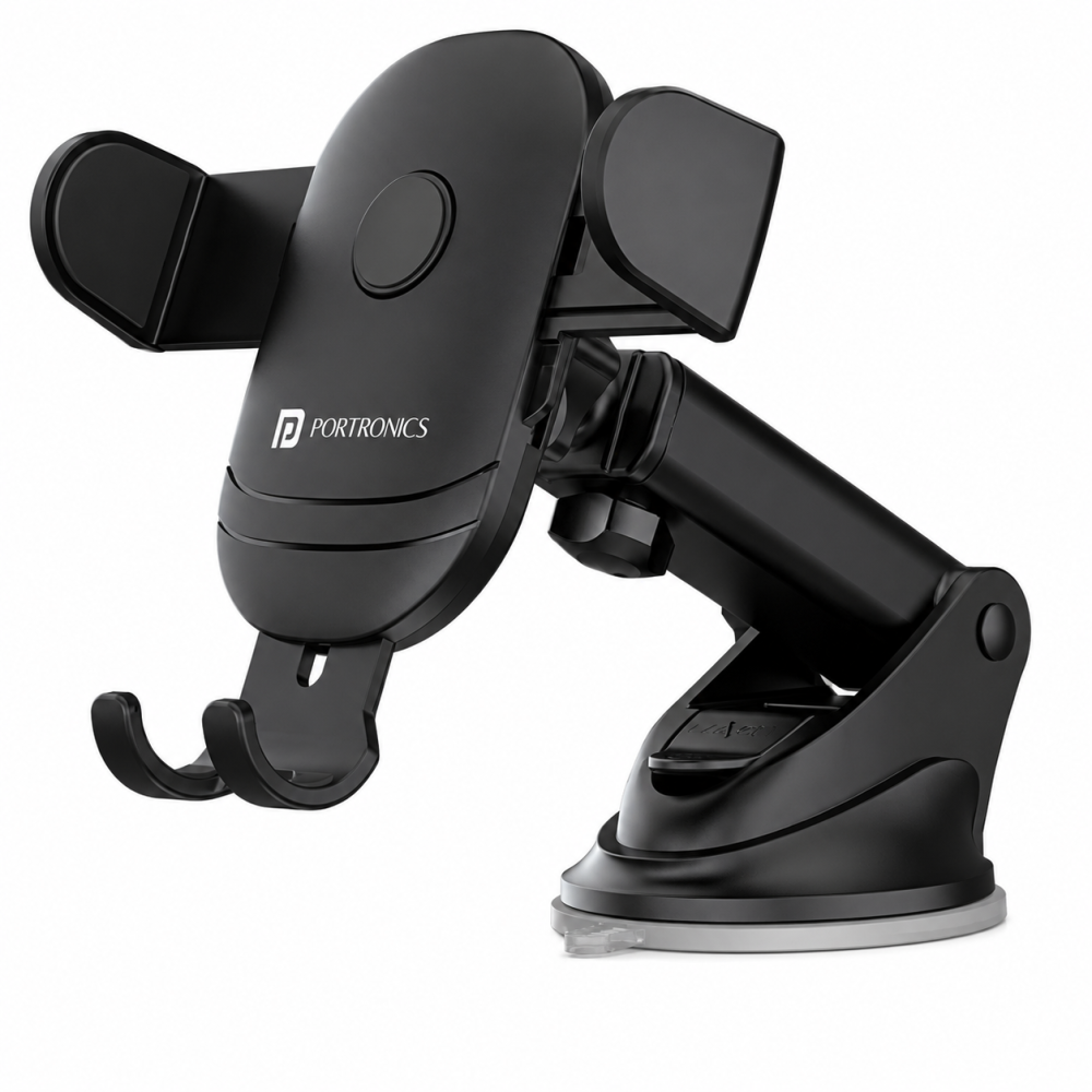 Portronics Clamp M2 Adjustable Car Mobile Phone Holder Stand with 360° Rotation, Strong Suction Cup for Dashboard & Windshield, One-Touch Lock, Fits 4 to 6-Inch Smartphones – (Black)