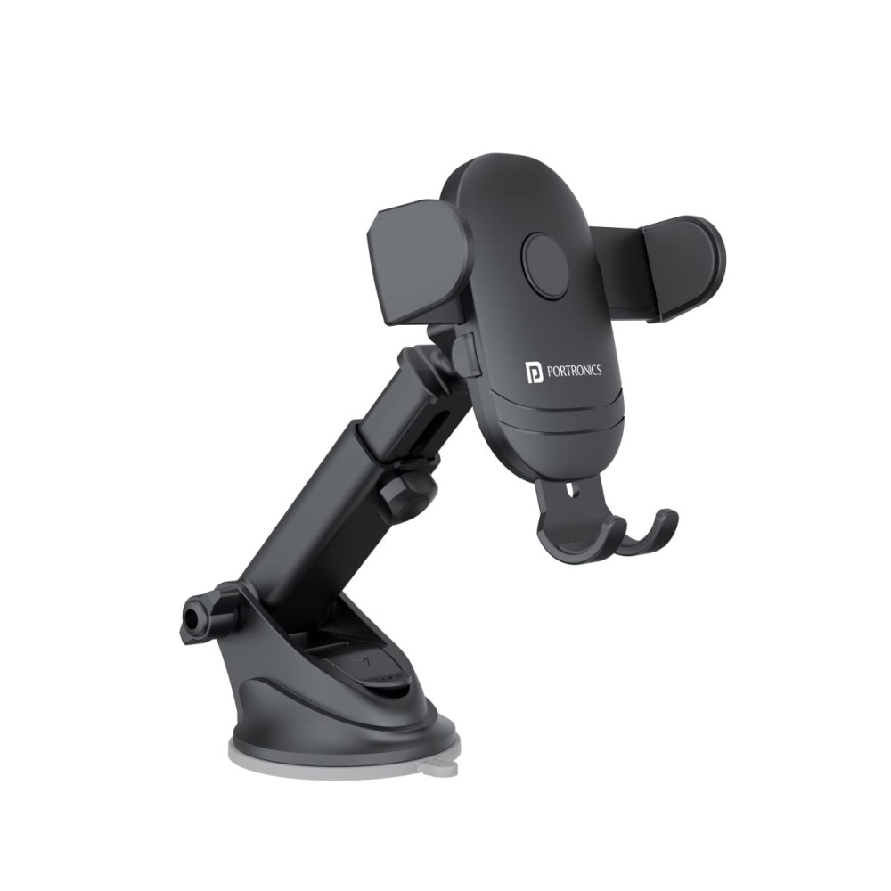 Portronics Clamp M2 Adjustable Car Mobile Phone Holder Stand with 360° Rotation, Strong Suction Cup for Dashboard & Windshield, One-Touch Lock, Fits 4 to 6-Inch Smartphones – (Black)