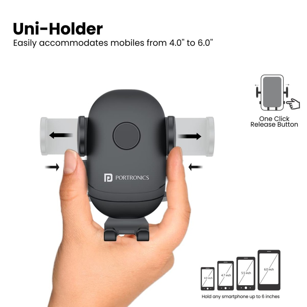 Portronics Clamp M2 Adjustable Car Mobile Phone Holder Stand with 360° Rotation, Strong Suction Cup for Dashboard & Windshield, One-Touch Lock, Fits 4 to 6-Inch Smartphones – (Black)
